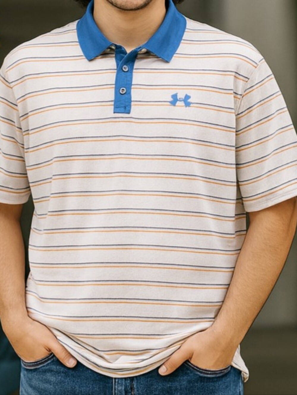 Under Armour Athletic Polo Shirt Striped Mens XL White Blue Orange 1/4 Button